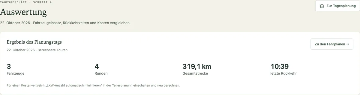 Auswertung der Tour mit Kennzahlen
