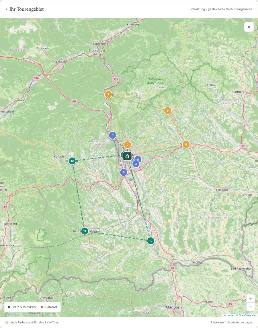 Kartenansicht mit Depot, Lieferpunkten und drei Touren